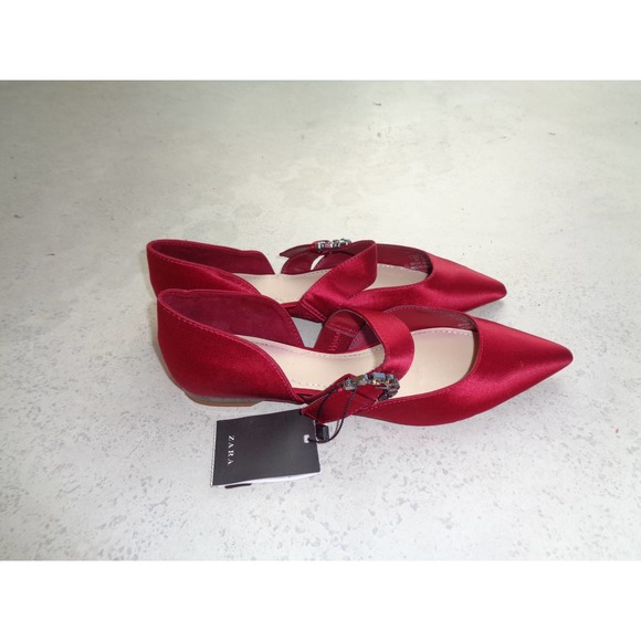 ZARA BALLERINAS GEM RHINESTONE BUCKLE SATIN RED FLATS SHOES. 6 - Picture 7 of 9